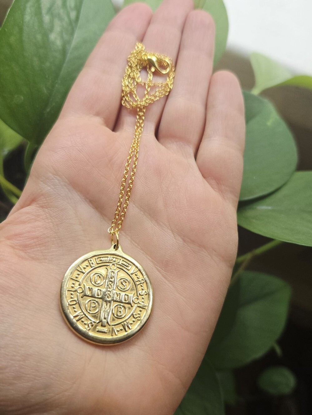 Vintage St Benedict Medal Necklace Gold Tone Catholic Pendant Necklace